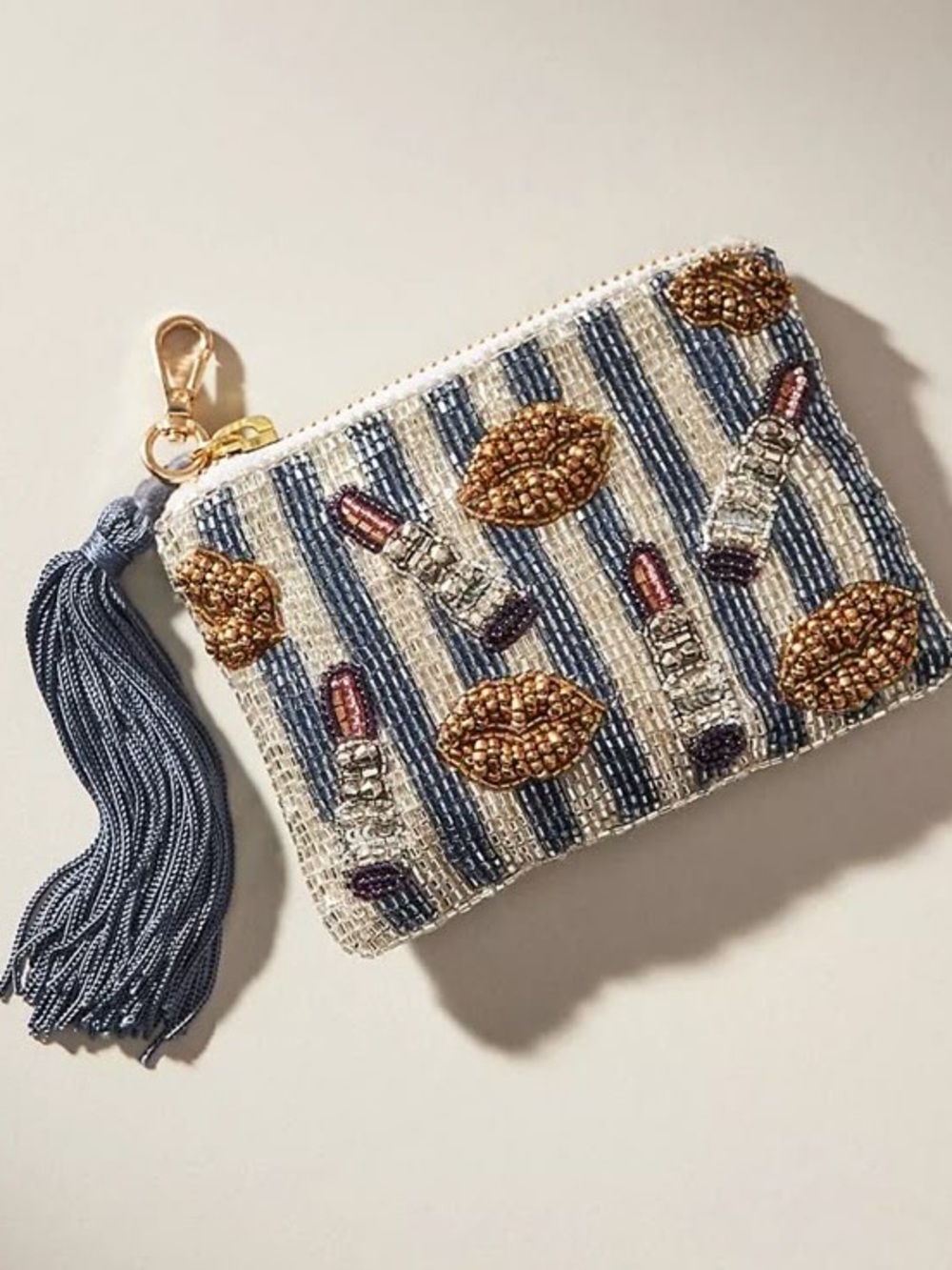 NWOT Anthropologie Beaded Lipstick & Lips Stripe Pouch - Blue, White, Gold